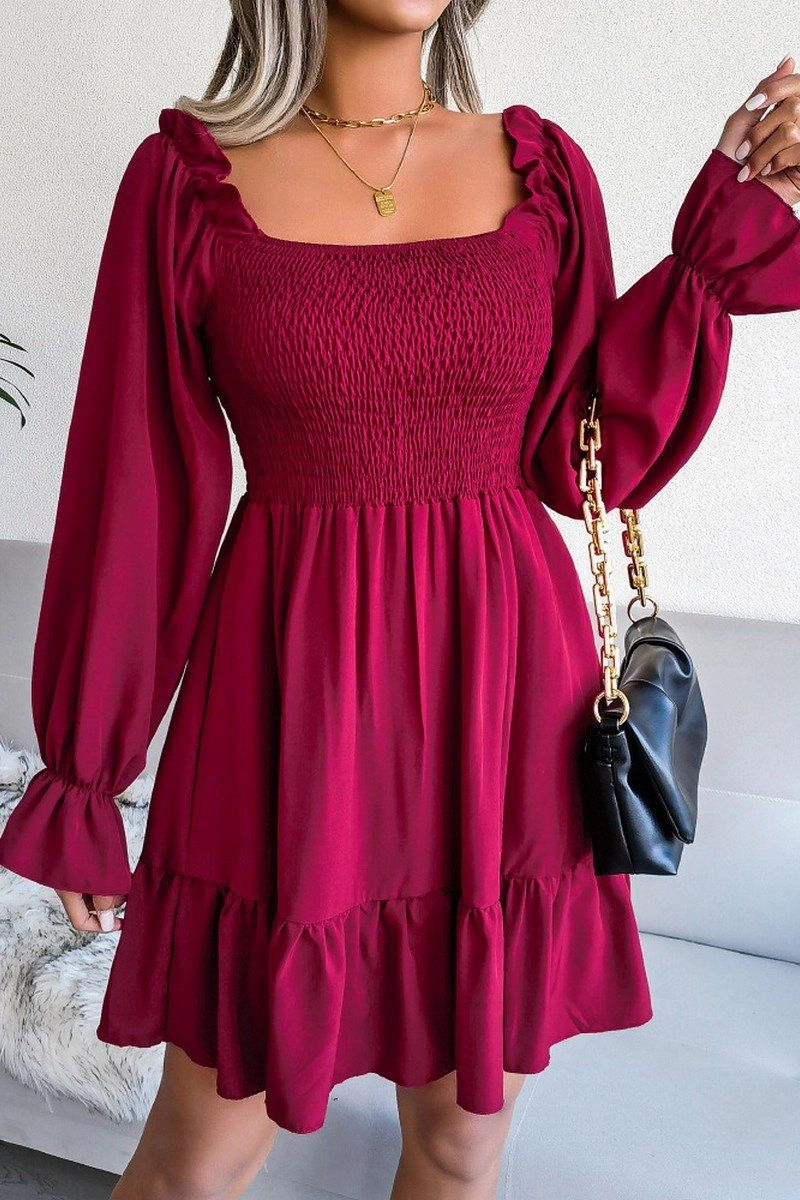 WOMEN SMOCKED FRILL SLEEVE LOOSE FIT RUFFLE DRESS Durable Fit