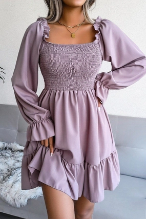 WOMEN SMOCKED FRILL SLEEVE LOOSE FIT RUFFLE DRESS Adaptable Design