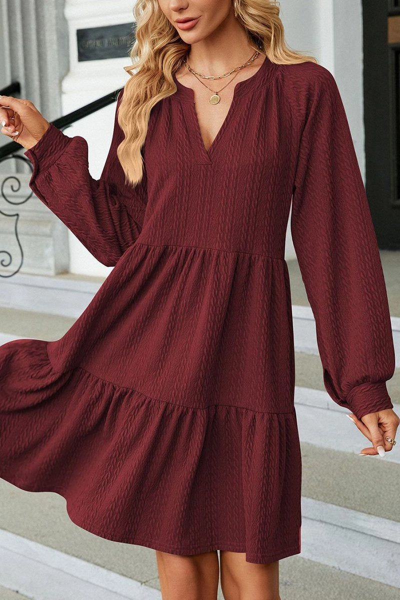 WOMEN V NECK RUFFLED CAKE LONG SLEEVE DRESS Comfortable and Fashionable All-season garment