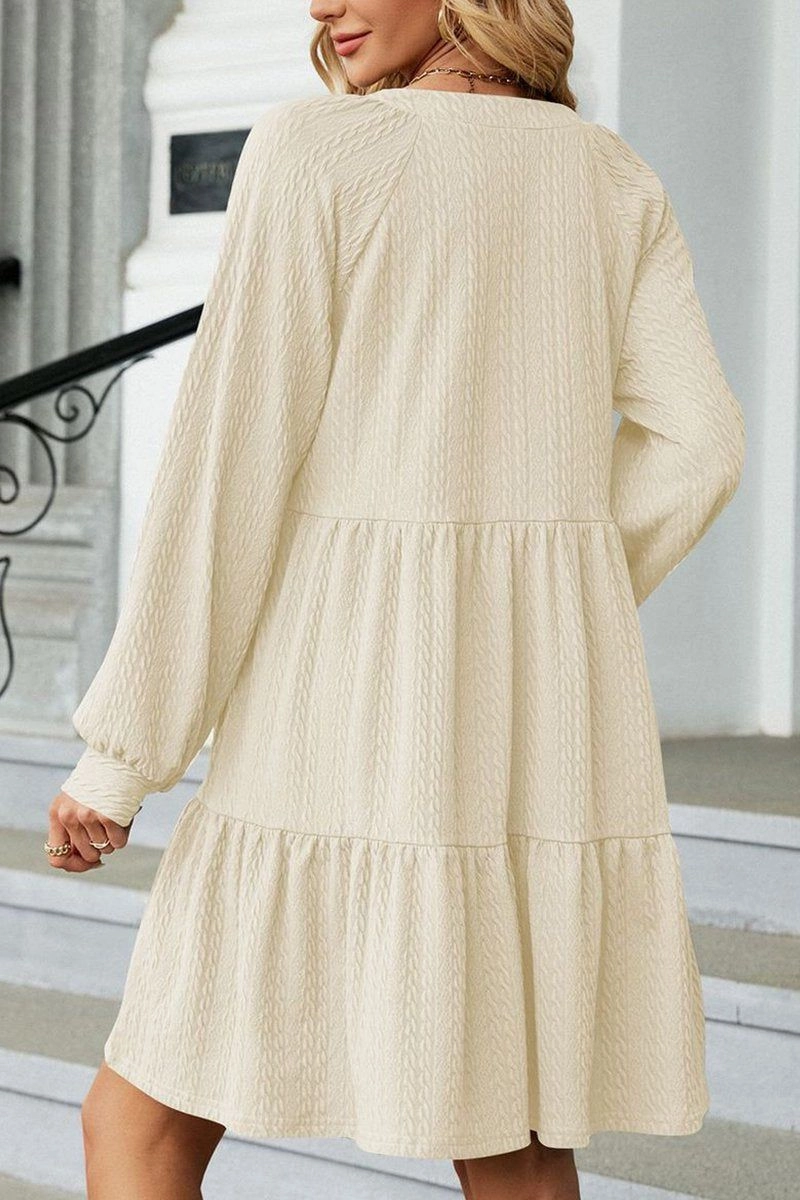 WOMEN V NECK RUFFLED CAKE LONG SLEEVE DRESS Nature Bloom Soft Tones