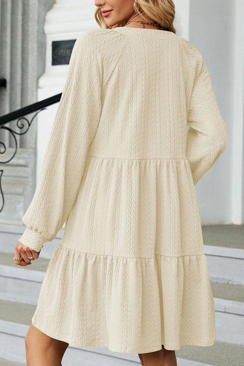 WOMEN V NECK RUFFLED CAKE LONG SLEEVE DRESS Cozy Design