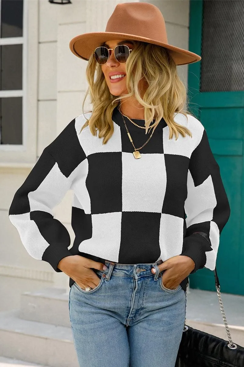 WOMENS CHECKERBOARD PATTERN SWEATER TOP Cozy pieces