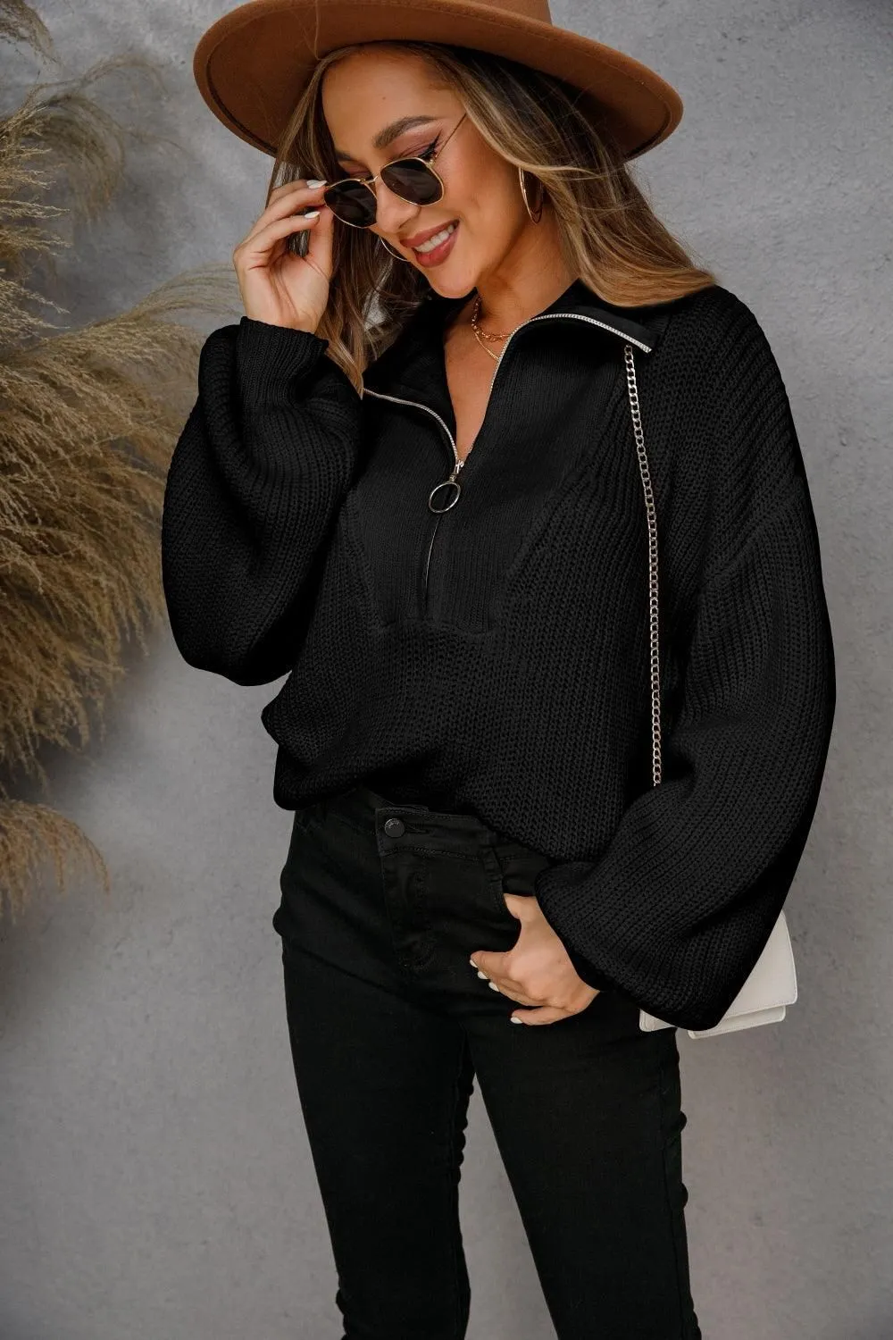 WOMENS HALF ZIP UP CASUAL SWEATER Breathable Material