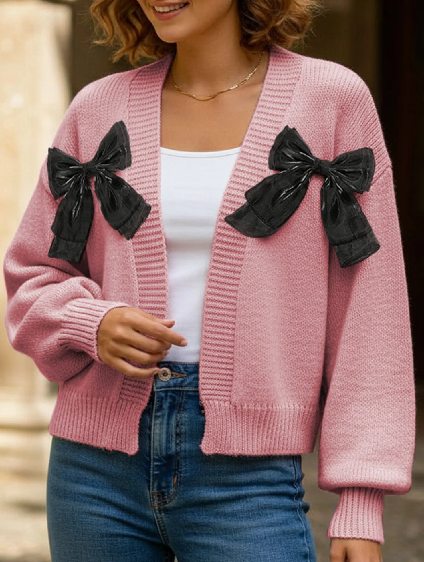 Women's Ribbon Bow Spliced Cardigan Sweater Fashionable Shirt EasyClean