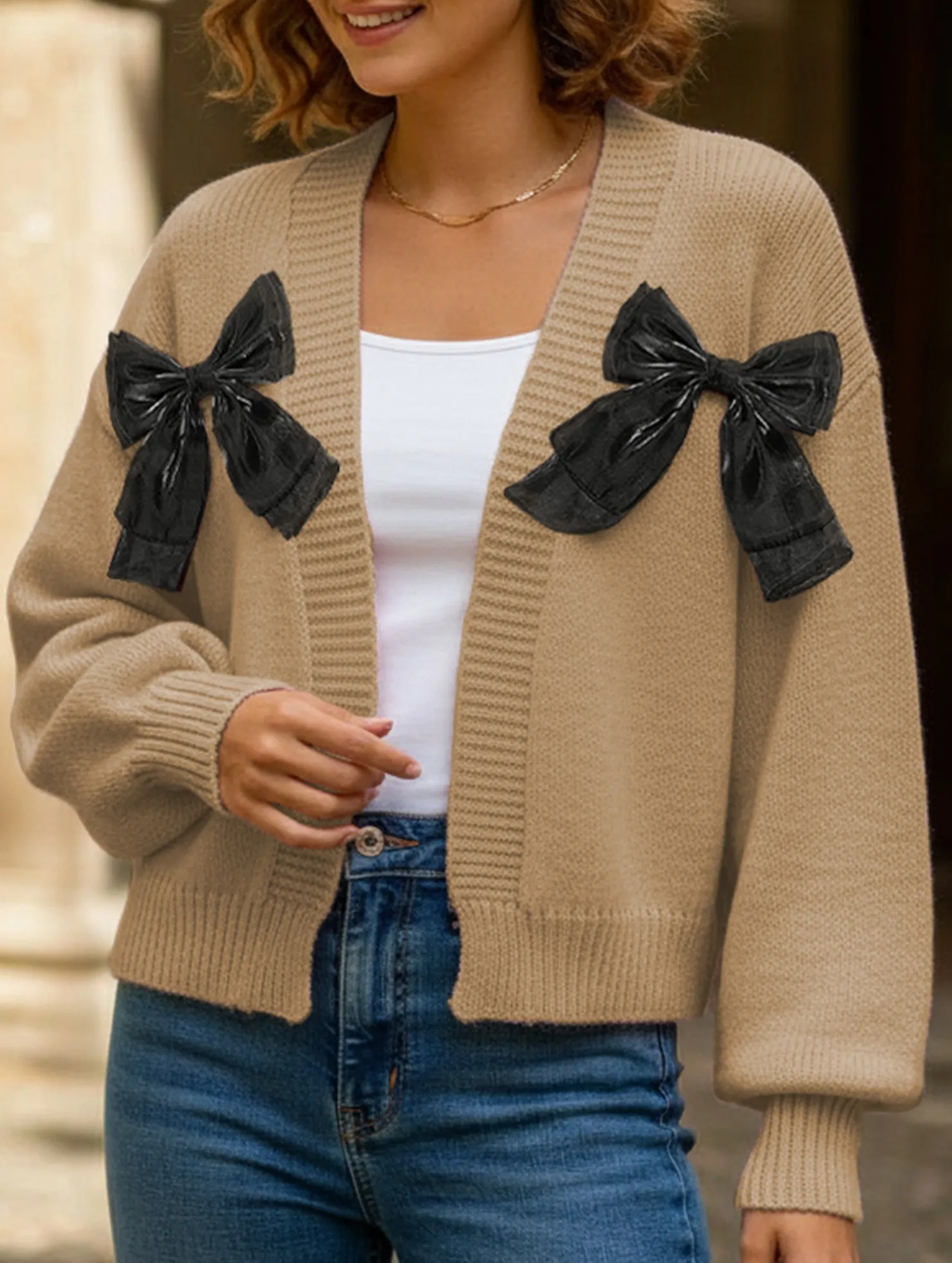 UltravioletProtectionFabric Women's Ribbon Bow Spliced Cardigan Sweater