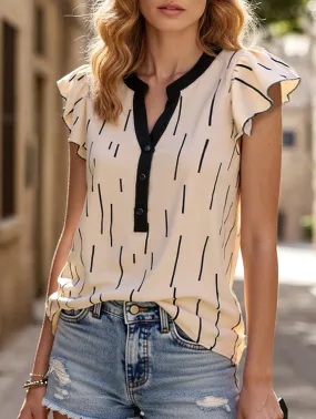 Long Sleeve Shirt Women's Striped Flying Sleeve Top with Ruffle Trim