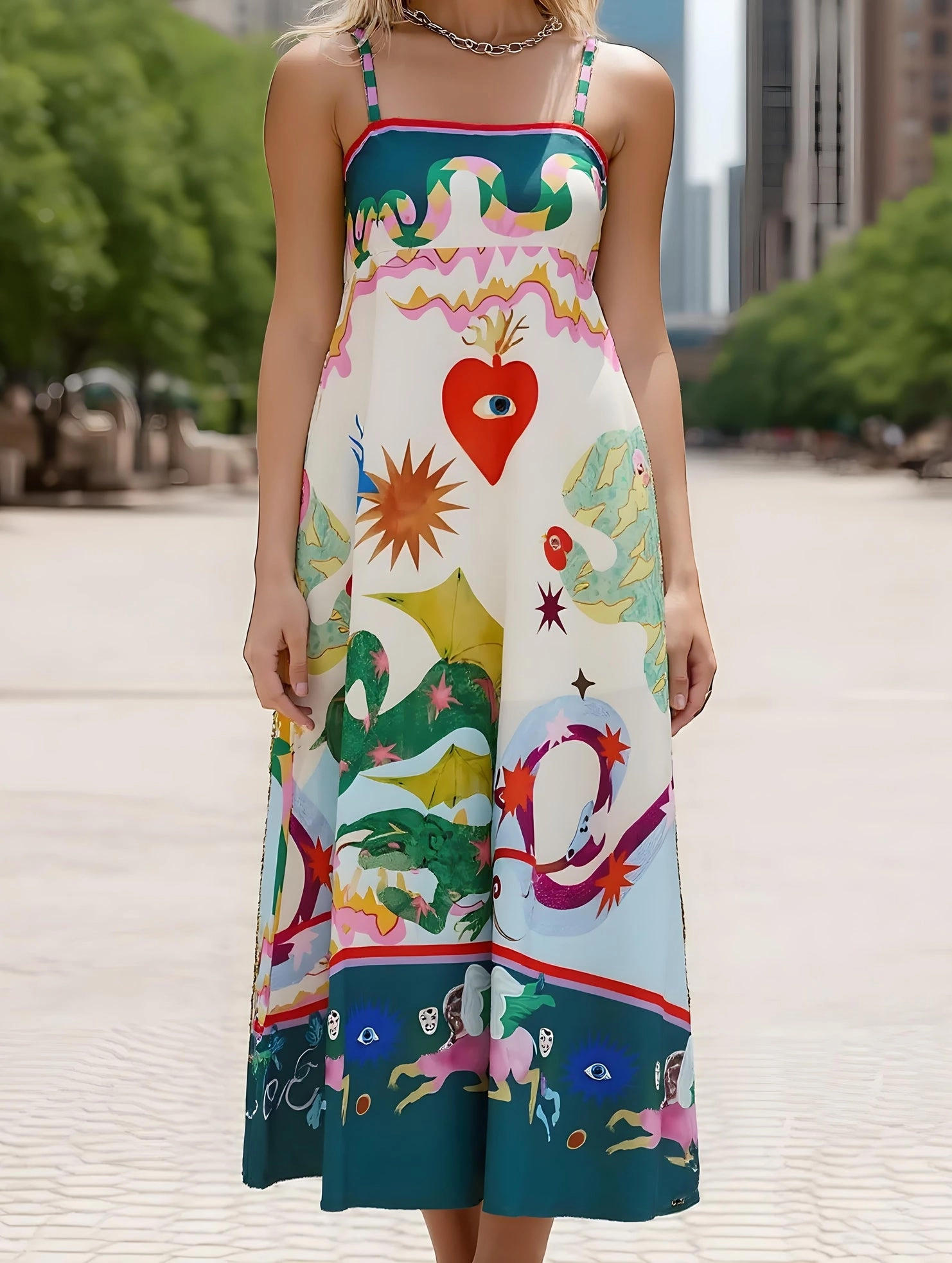 Elegant holiday wear Silk Air Wonderland Fairy Print Swing Dress ??Whimsical Strappy Midi