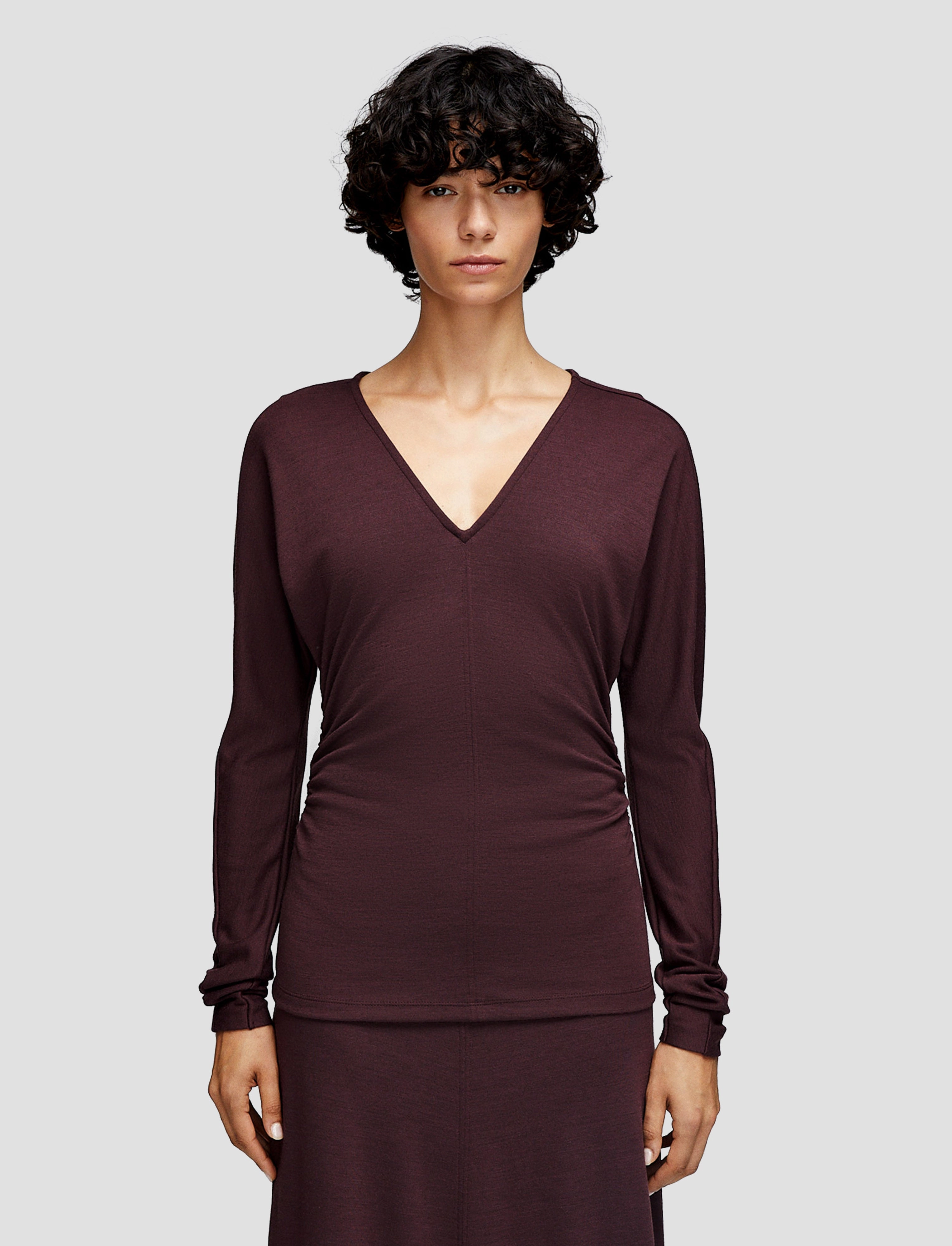 Brushed Inner Layer Day To Day Wool Jersey V Neck Top