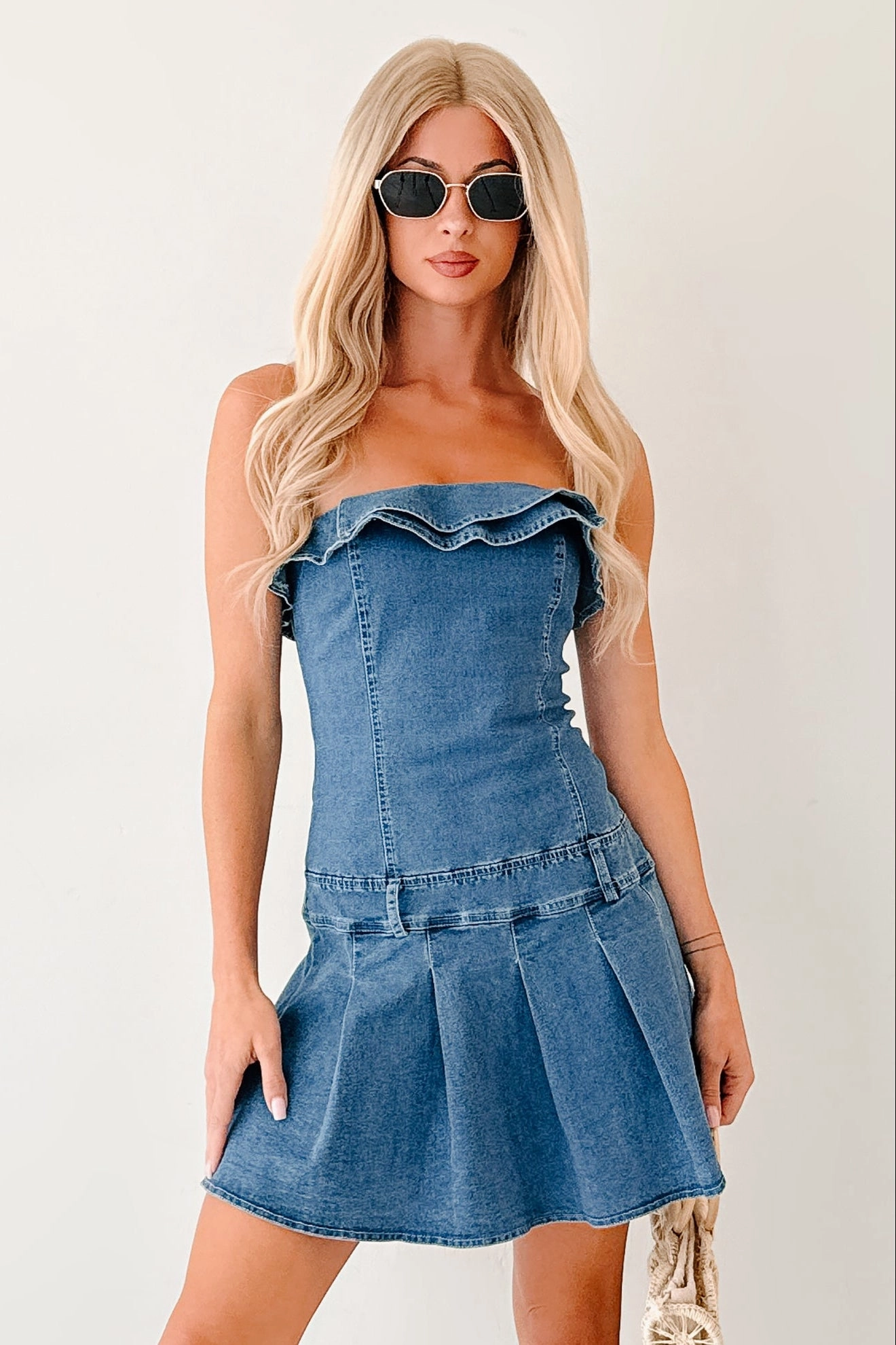 Basic Piece Work It Out Strapless Pleated Ruffle Mini Dress (Denim)
