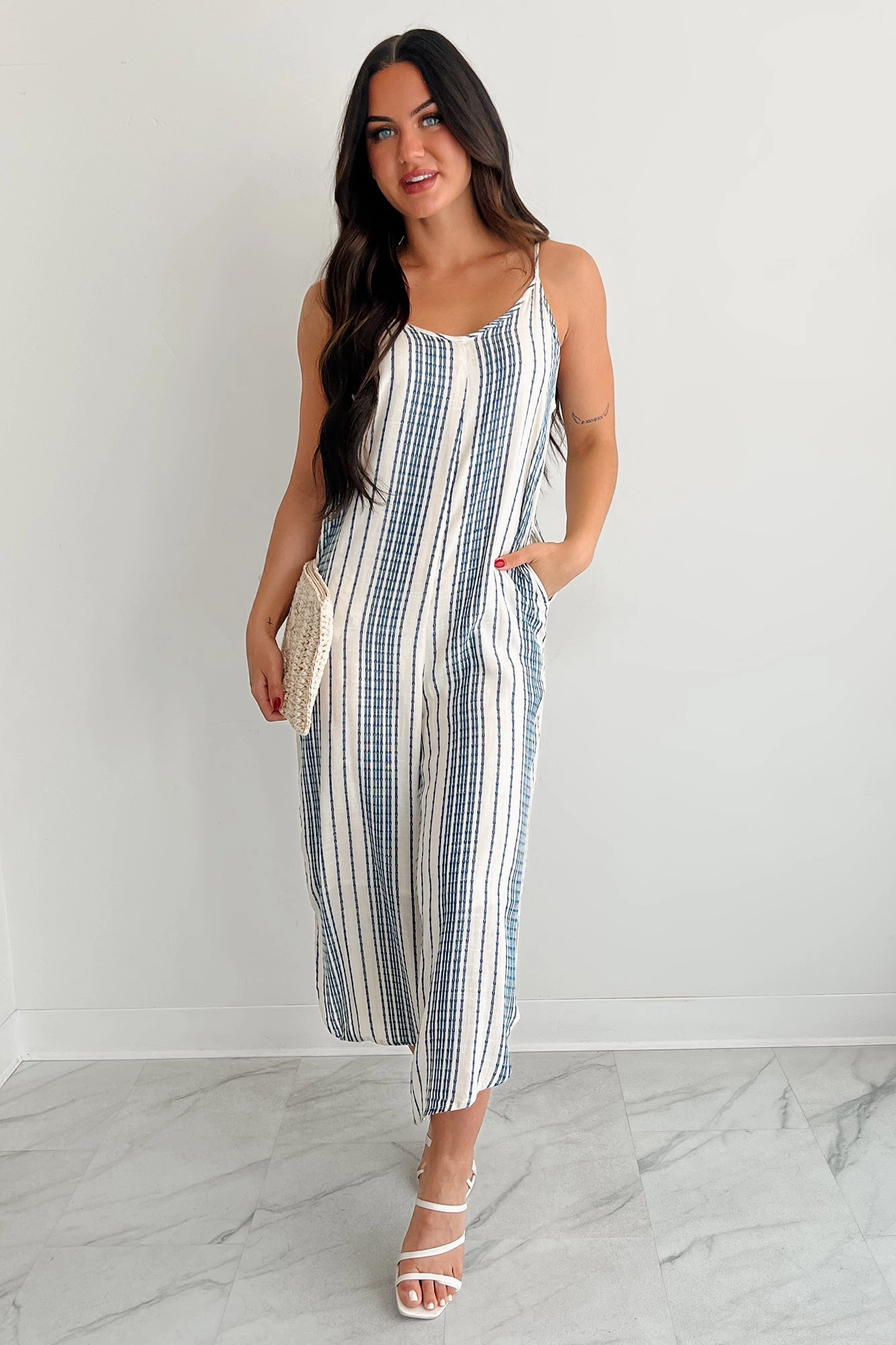 Worn With The Wind Sleeveless Striped Jumpsuit (Ivory/ Blue) Shopping Retro Casual Traveler