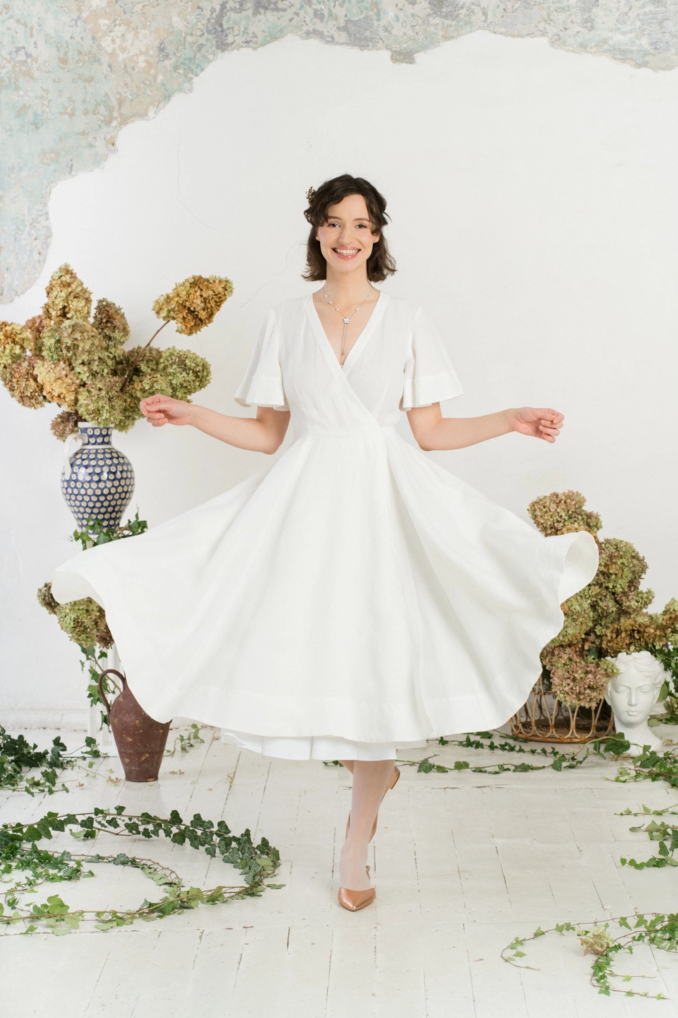 Gathered Skirt Wrap Dress, Butterfly Sleeve, White Magnolia