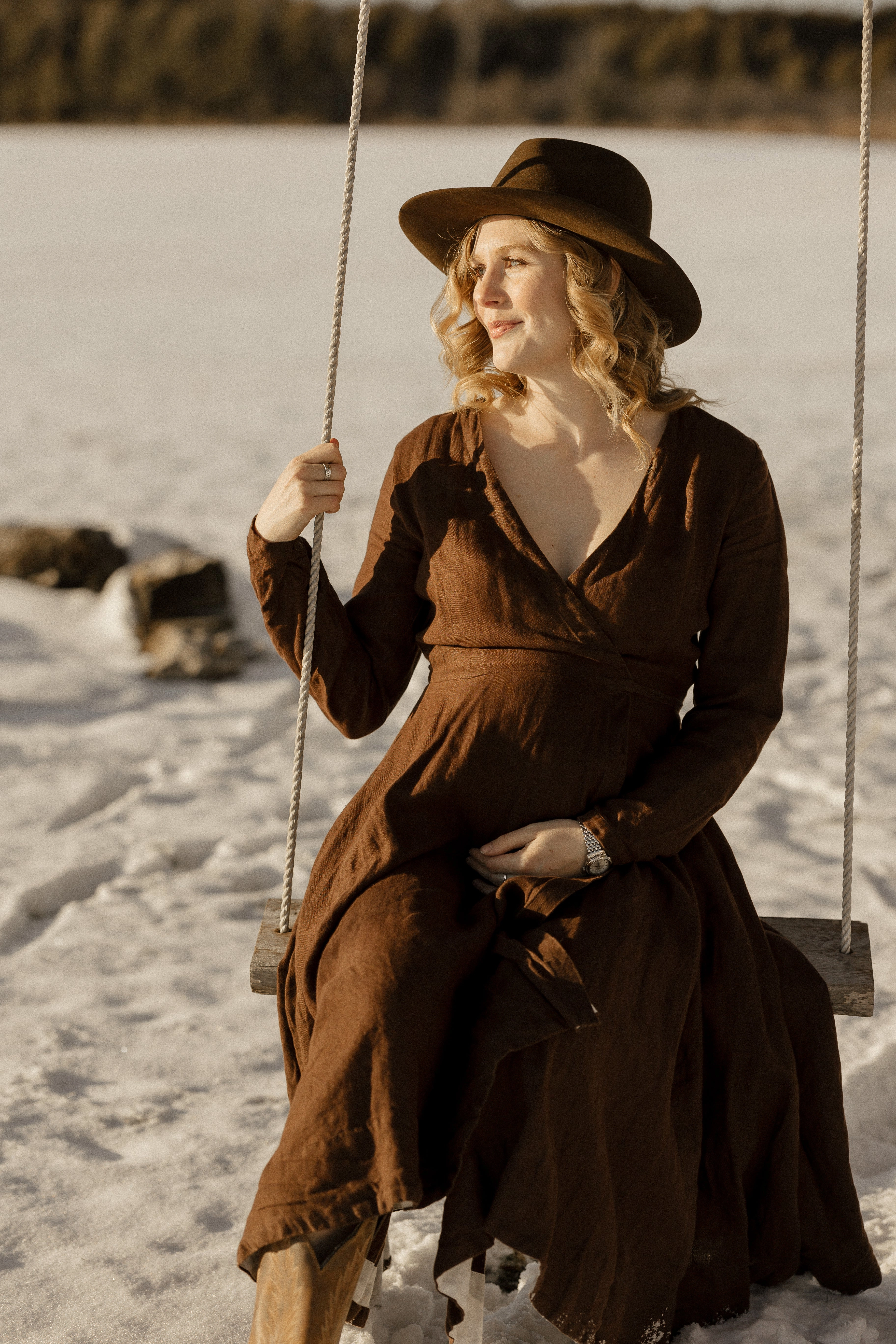 Wrap Dress, Long Sleeve, Twill Linen, Espresso Brown Ribbed-Texture Chic Layers