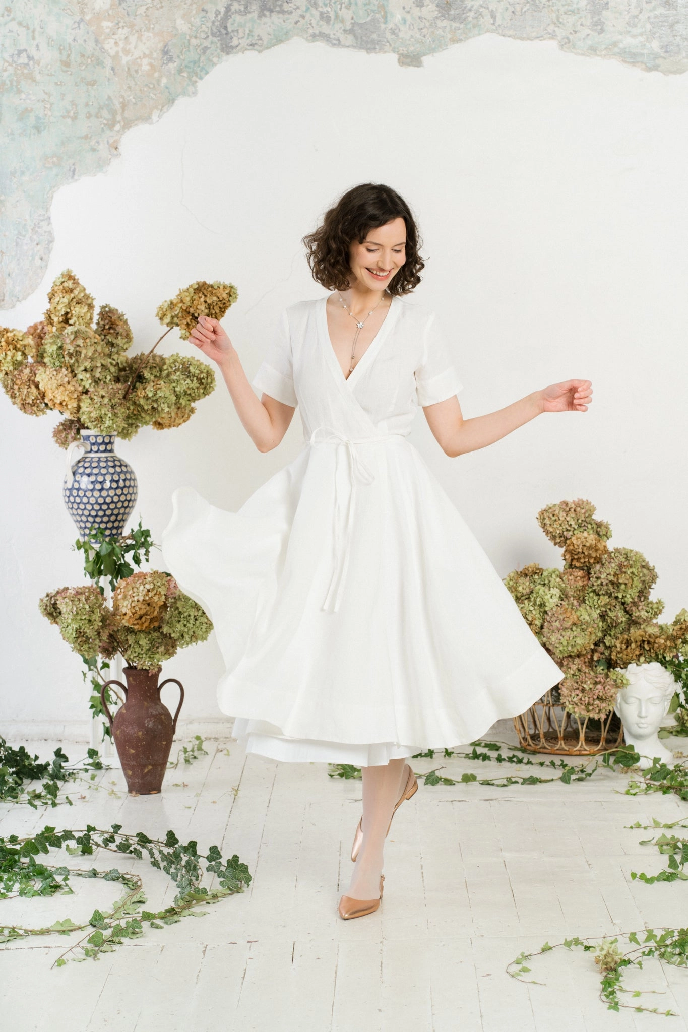 Wrap Dress, Short Sleeve, White Magnolia Effortless Touch Relaxed and Elegant