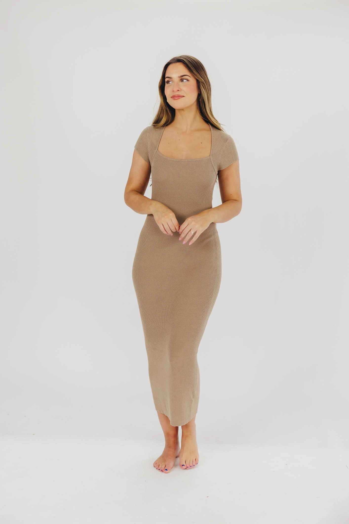 Wren Ribbed Knit Maxi Dress with Square Neckline in Taupe (XS-XL) - Worth Collective Exclusive *Final-Sale* Bell-Sleeve