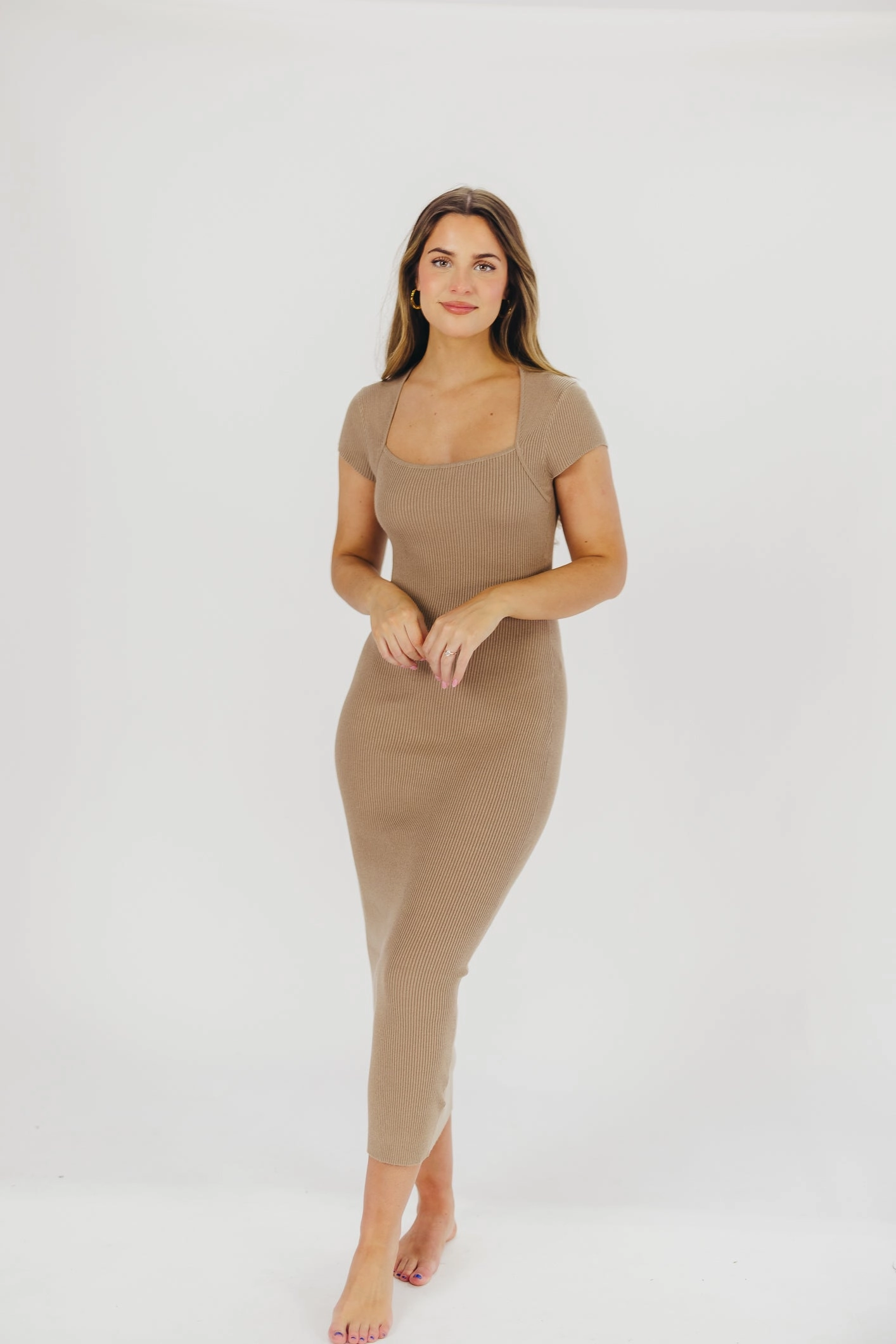 Elegant Outline Perfectly Fitted Wren Ribbed Knit Maxi Dress with Square Neckline in Taupe (XS-XL) - Worth Collective Exclusive *Final-Sale*