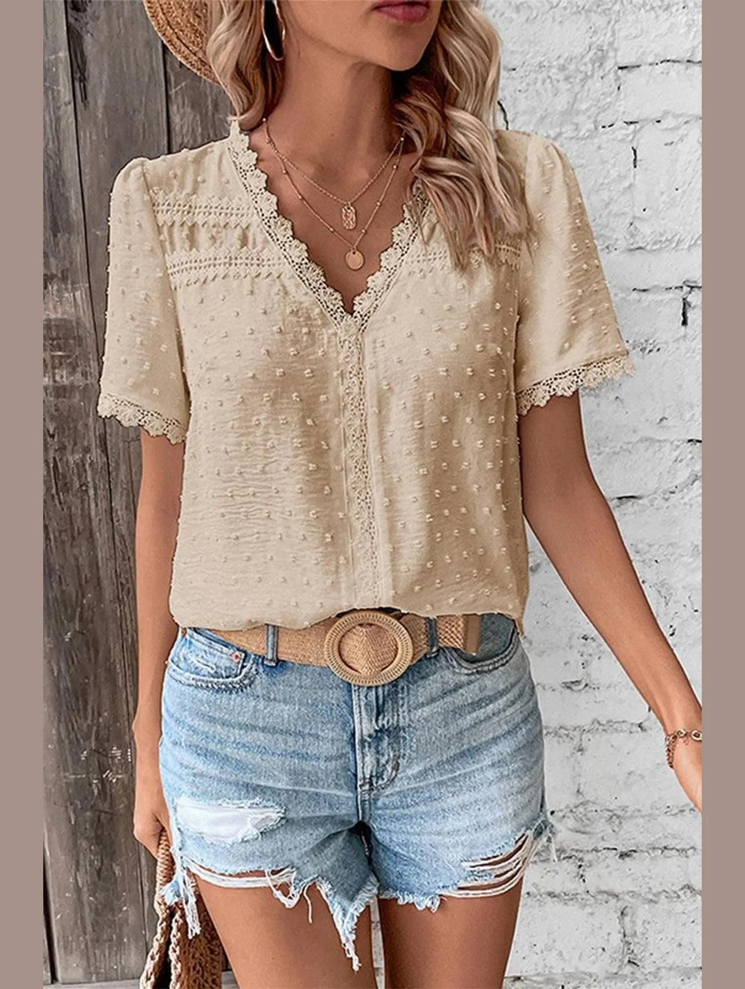 Light Style WOMEN SWISS DOT LACE TRIM NECK SHORT T SHIRT