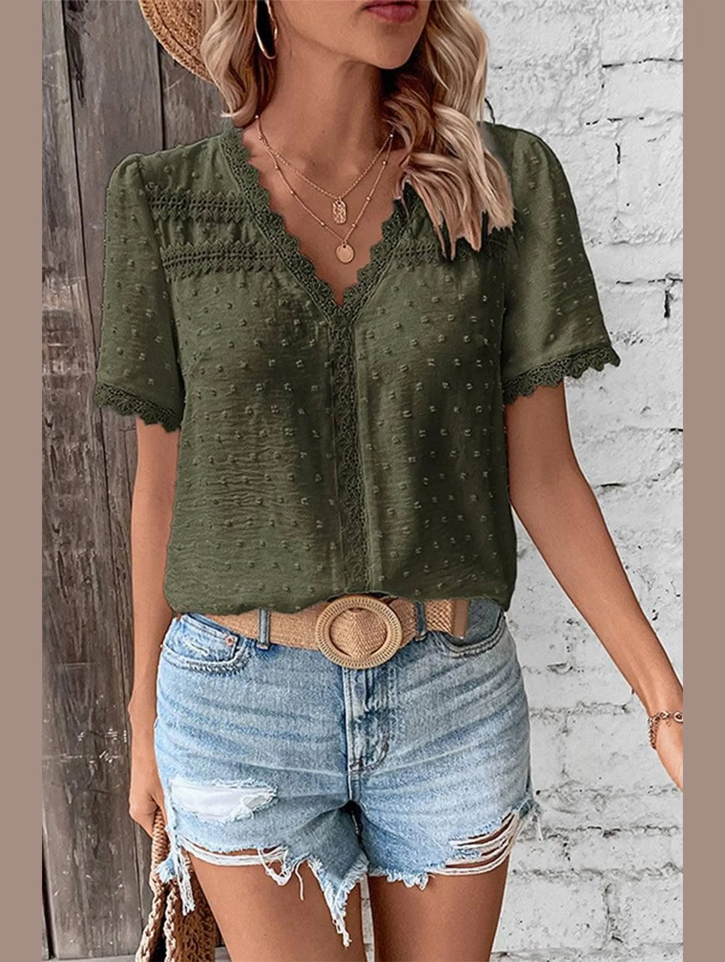 WOMEN SWISS DOT LACE TRIM NECK SHORT T SHIRT SeamlessSidePanels Eco Friendly Dyes