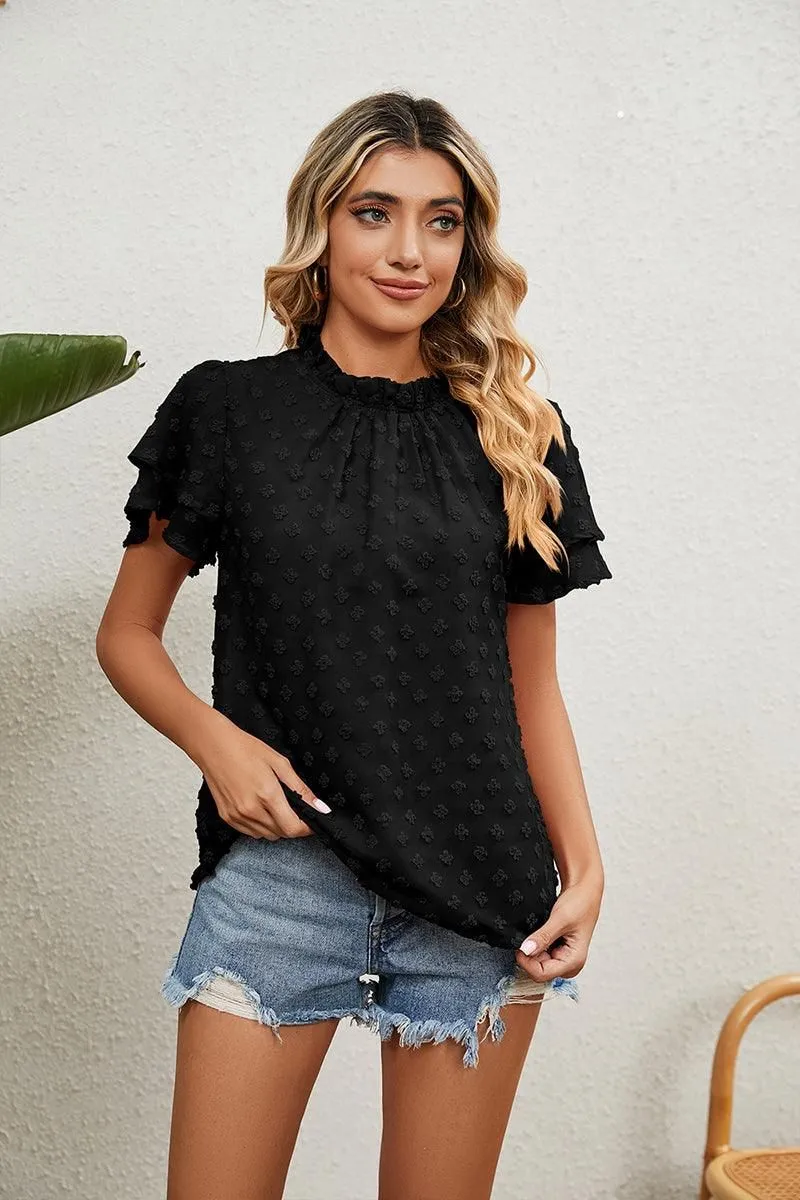 HypoallergenicConstruction Summer Polo RUFFLED ROUND NECK JACQUARD WEAVE CHIFFON BLOUSE