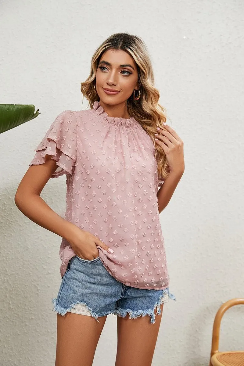 RUFFLED ROUND NECK JACQUARD WEAVE CHIFFON BLOUSE Low Impact Processing