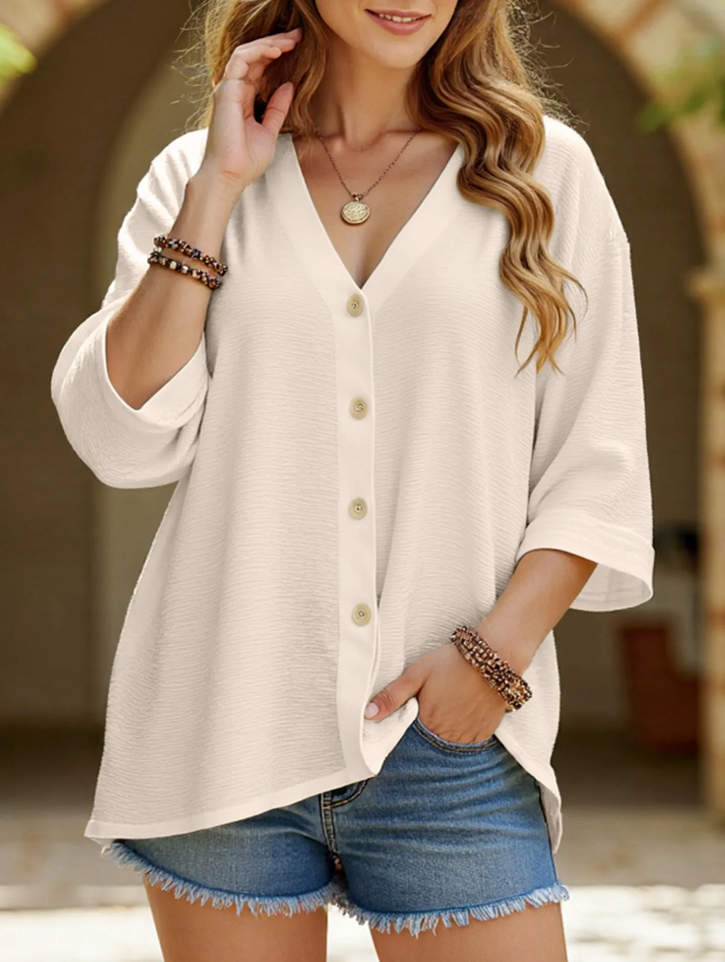 V-Neck Button T-Shirt Cardigan Top Active Comfort Formal Occasion
