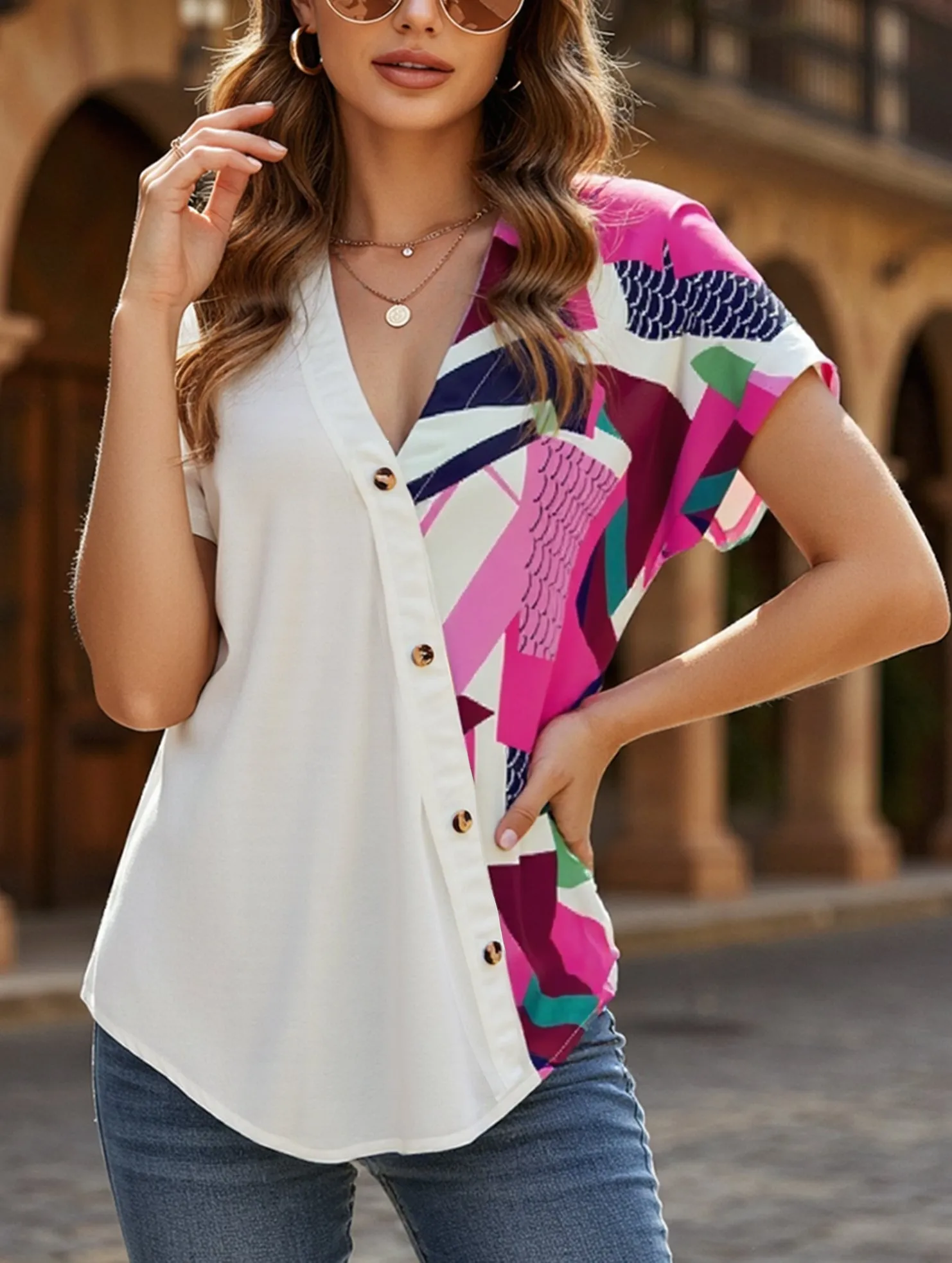 V-Neck Geometric Print Shoulder Loose Chiffon Top ??Lightweight & Breezy Flexible Material