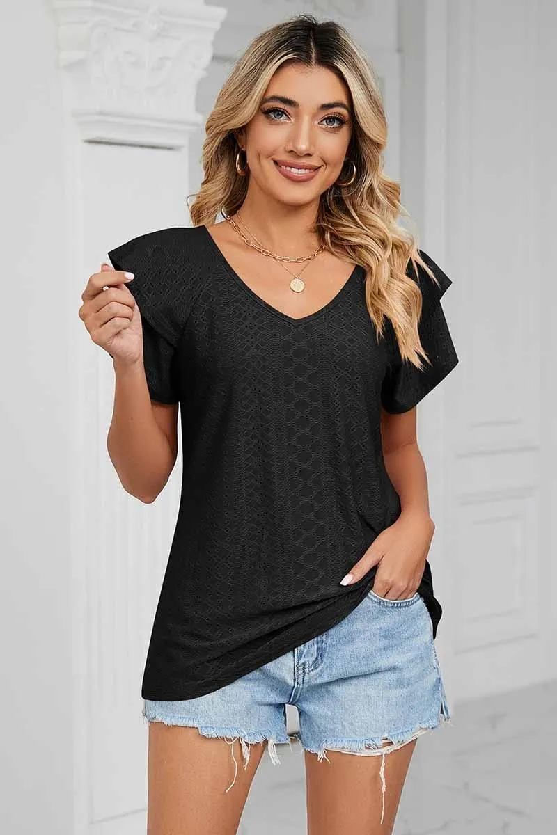 PUNCHING LACE CAKE PUFF V NECK T-SHIRTS Low Profile Seaming