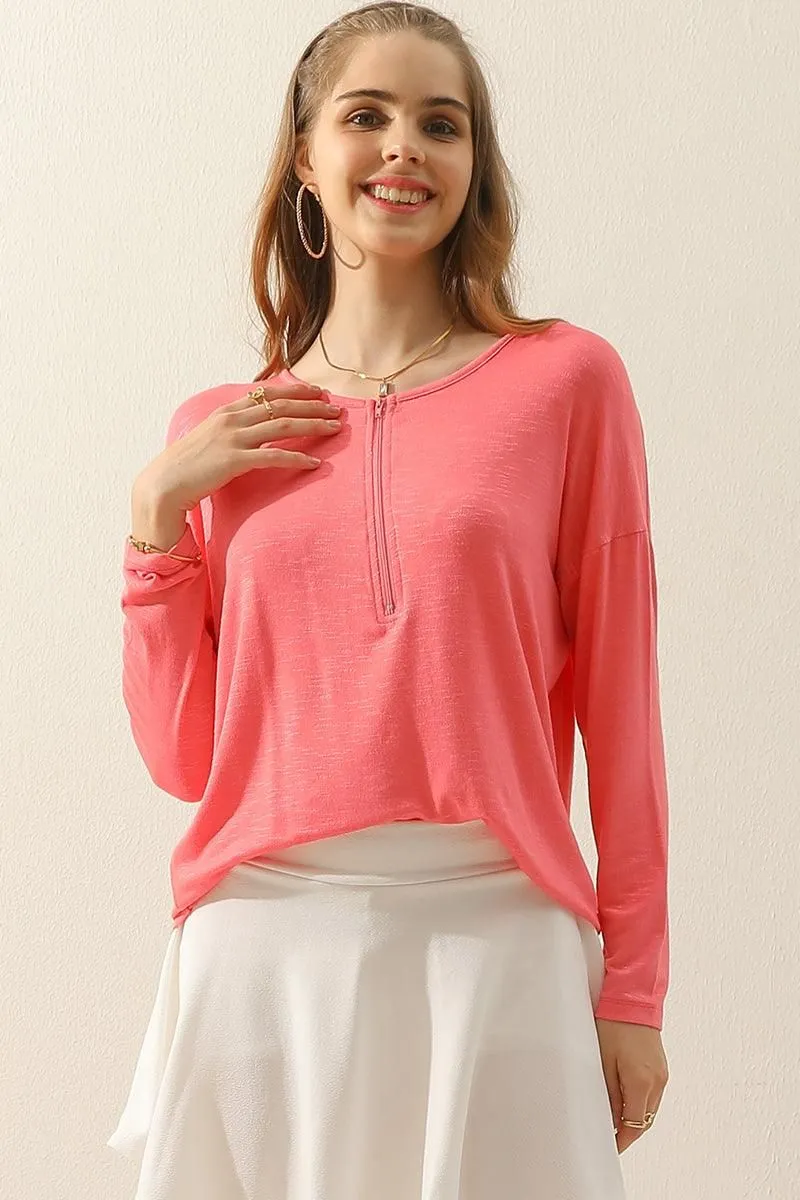 Relax Comfort Style ZIP-UP R NECK LONG SLEEVE SLUB TUNIC TOP