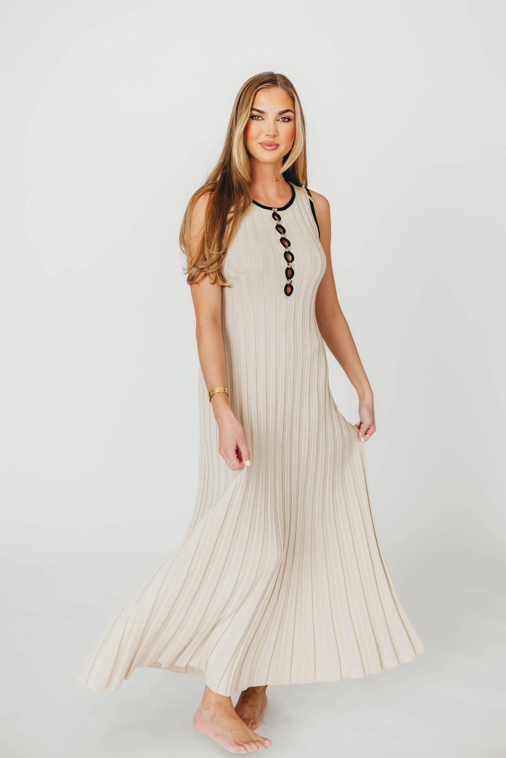 Brianne Button Down Ribbed Knit Maxi Dress in Taupe/Black *Final-Sale* All Look Abstract Pattern