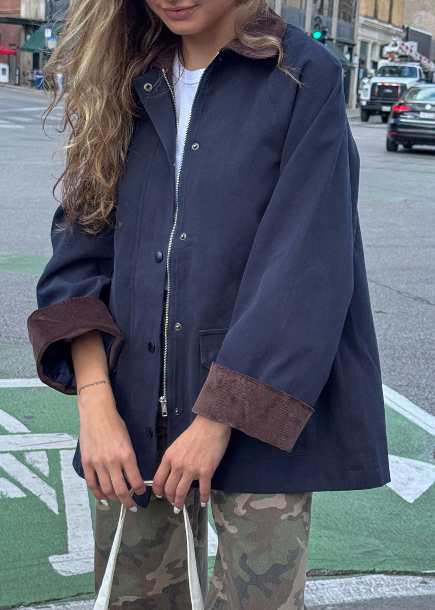 Bess Corduroy Barn Jacket - Navy Adjustable hood design Hypoallergenic fabric