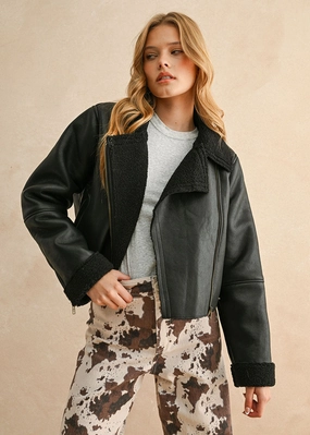 Hard Cover Abrasion Resistant Trim Zoie Sherpa Lined Biker Jacket - Black/Black