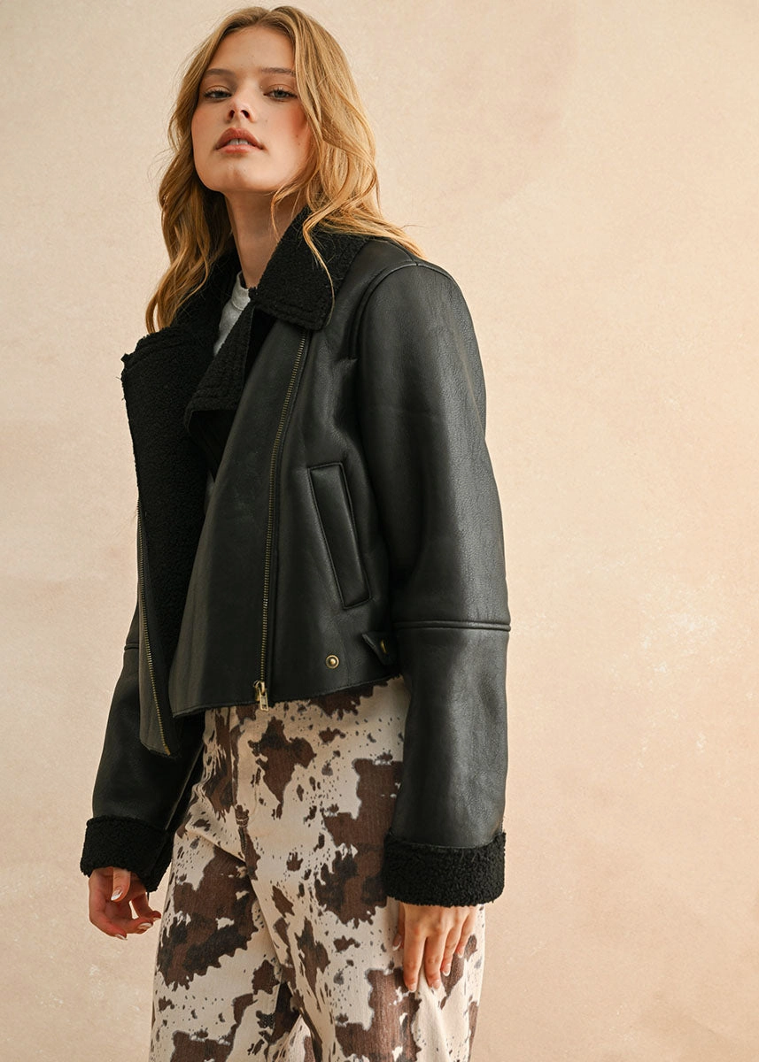 Insulated Core Technology Cold Resist Zoie Sherpa Lined Biker Jacket - Black/Black